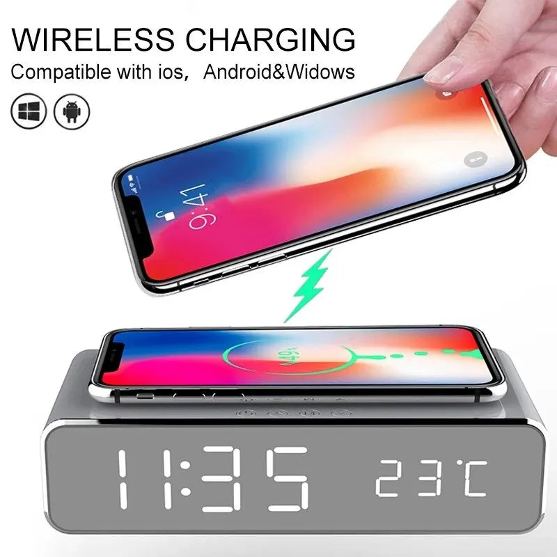 Wireless Charger Alarm Clock with LED Display & Thermometer – Fast Charging Dock for iPhone & Samsung