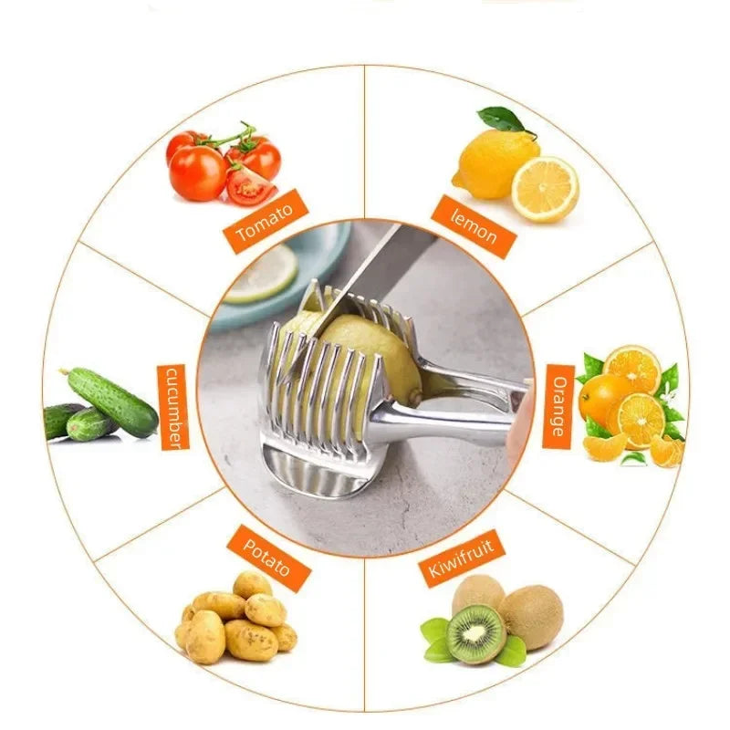 “Hold It Right There!” – Stainless Steel Onion Holder & Veggie Slicer Tool for Tomatoes, Potatoes & More – Your New Kitchen Sidekick