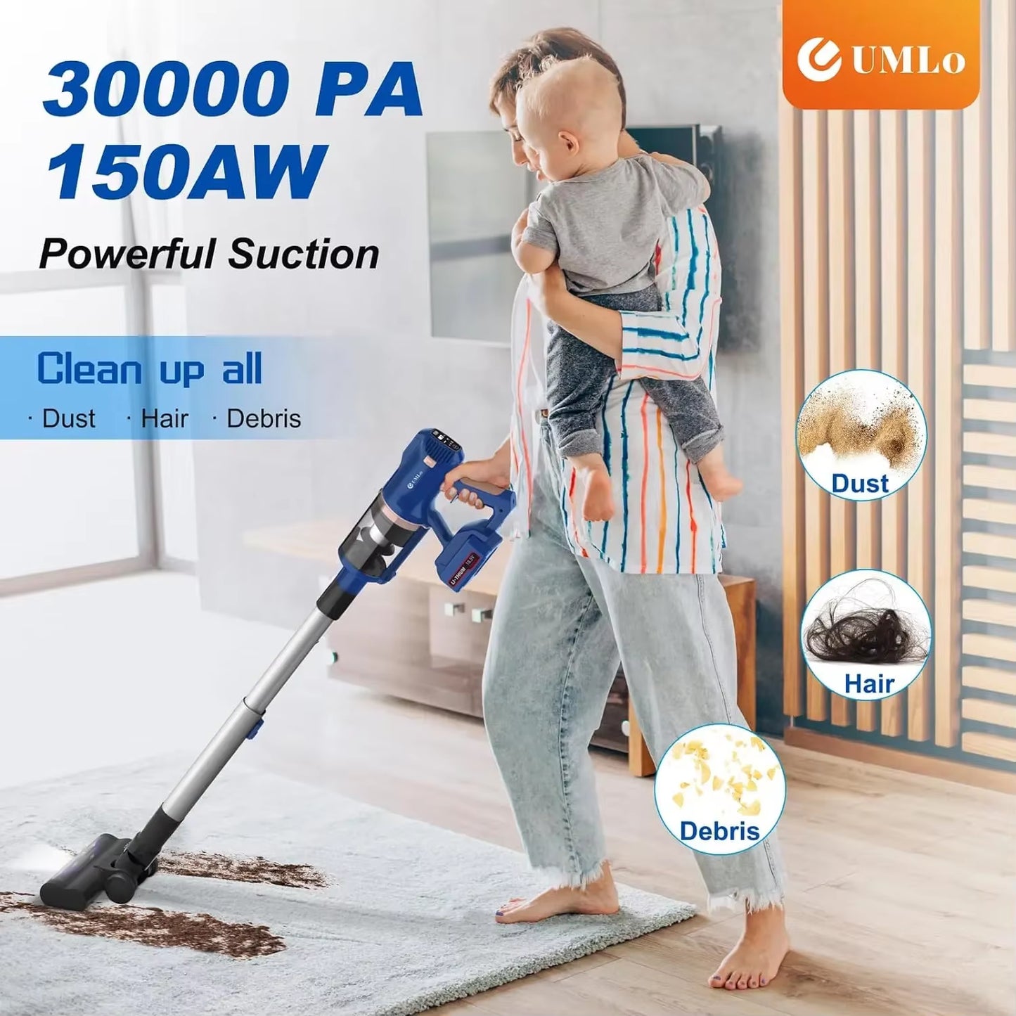 UMLO V11 Cordless Vacuum Cleaner, 30Kpa Cordless Vacuum Cleaner 300W, Lightweight Vacuum Cleaner, 60 Minutes 4000Mah Battery