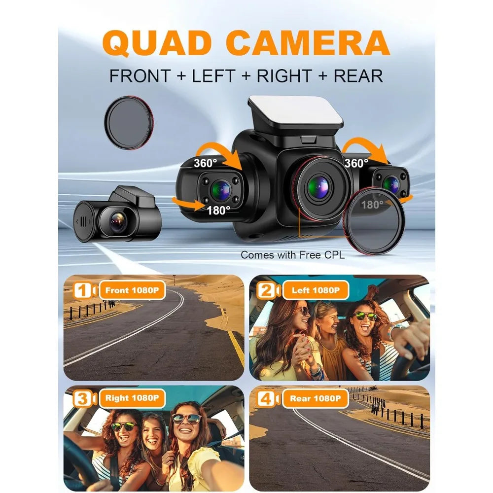 360° 4-Channel Dash Cam with GPS & WiFi – All-Around Car Protection