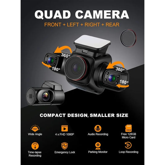 360° 4-Channel Dash Cam with GPS & WiFi – All-Around Car Protection