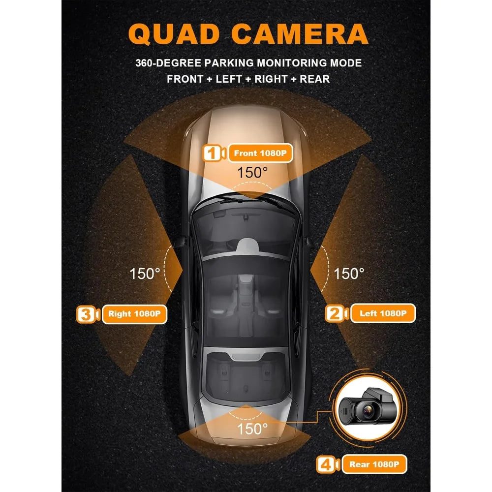 360° 4-Channel Dash Cam with GPS & WiFi – All-Around Car Protection
