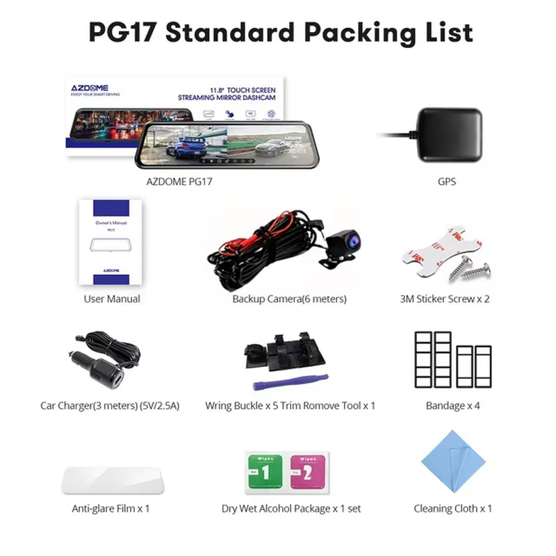 PG17 12" 4K Mirror Dash Cam with GPS & Wi-Fi