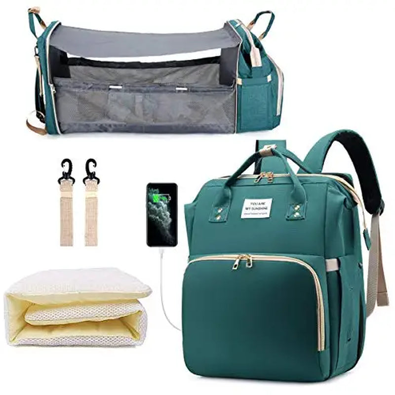 “Mom Hack in a Backpack” – 3-in-1 Diaper Bag with Foldable Baby Bed, USB Charging & Waterproof Design – Travel-Ready Changing Station