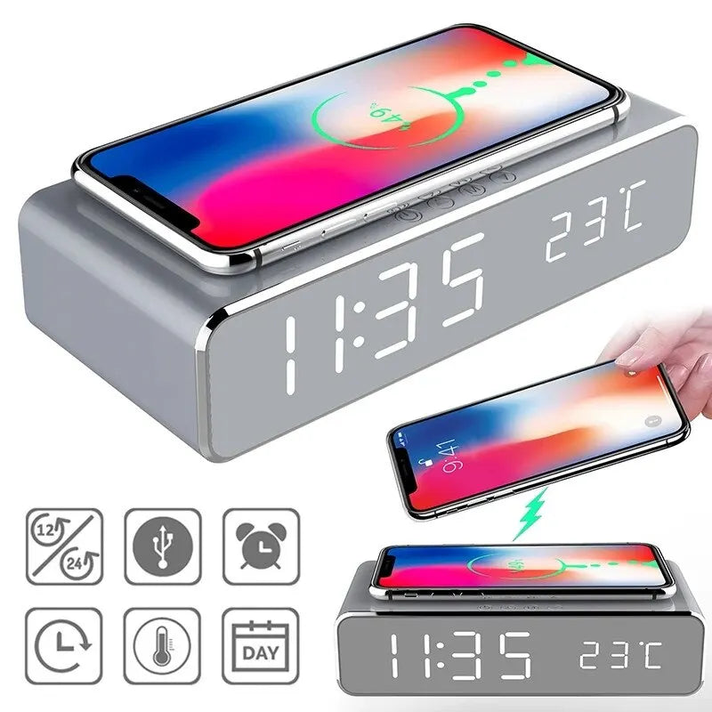 Wireless Charger Alarm Clock with LED Display & Thermometer – Fast Charging Dock for iPhone & Samsung