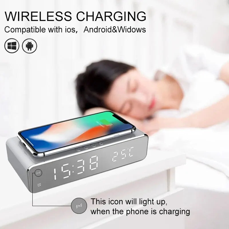 Wireless Charger Alarm Clock with LED Display & Thermometer – Fast Charging Dock for iPhone & Samsung