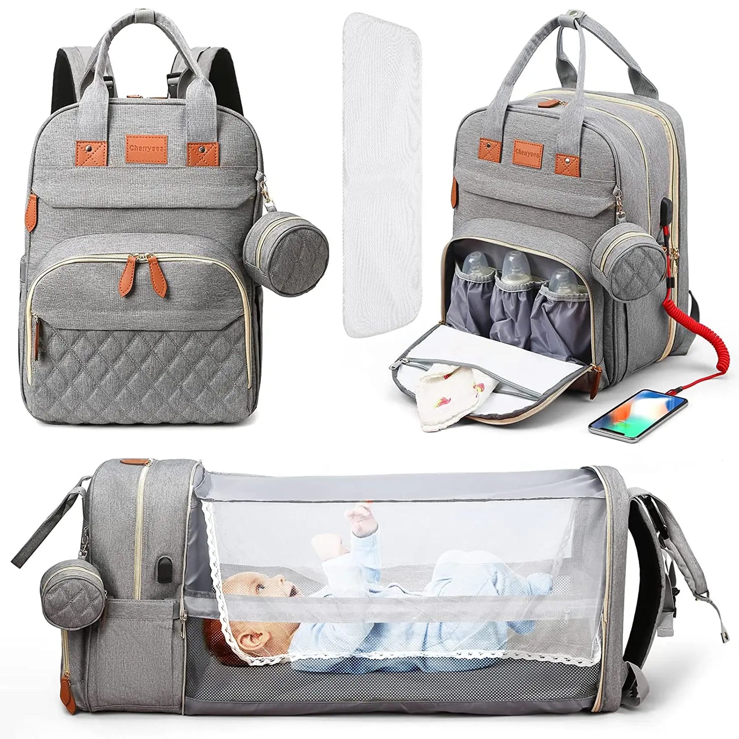 “Mom Hack in a Backpack” – 3-in-1 Diaper Bag with Foldable Baby Bed, USB Charging & Waterproof Design – Travel-Ready Changing Station