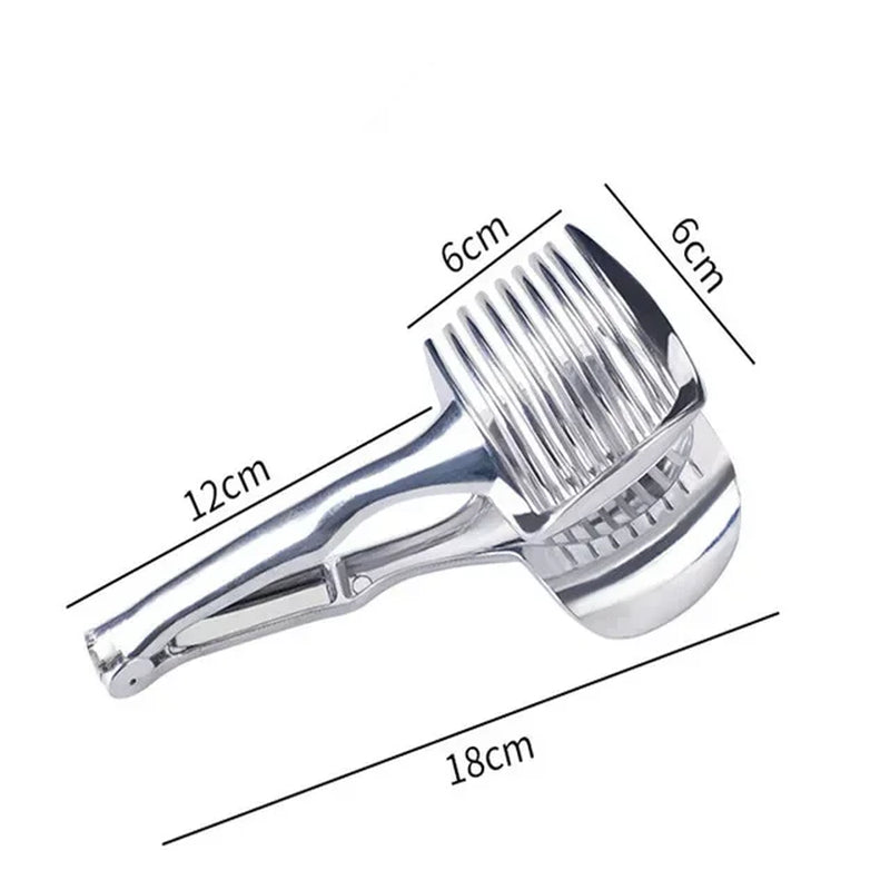 “Hold It Right There!” – Stainless Steel Onion Holder & Veggie Slicer Tool for Tomatoes, Potatoes & More – Your New Kitchen Sidekick