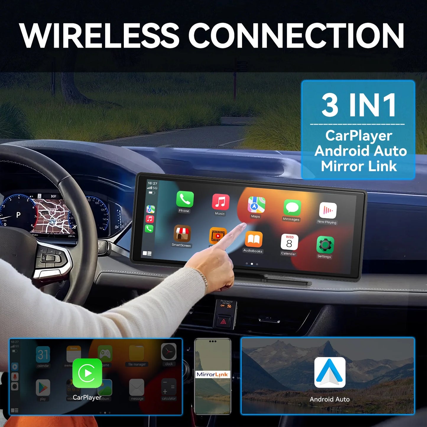 Universal Portable CarPlay & Android Auto Screen – Wireless Car Stereo