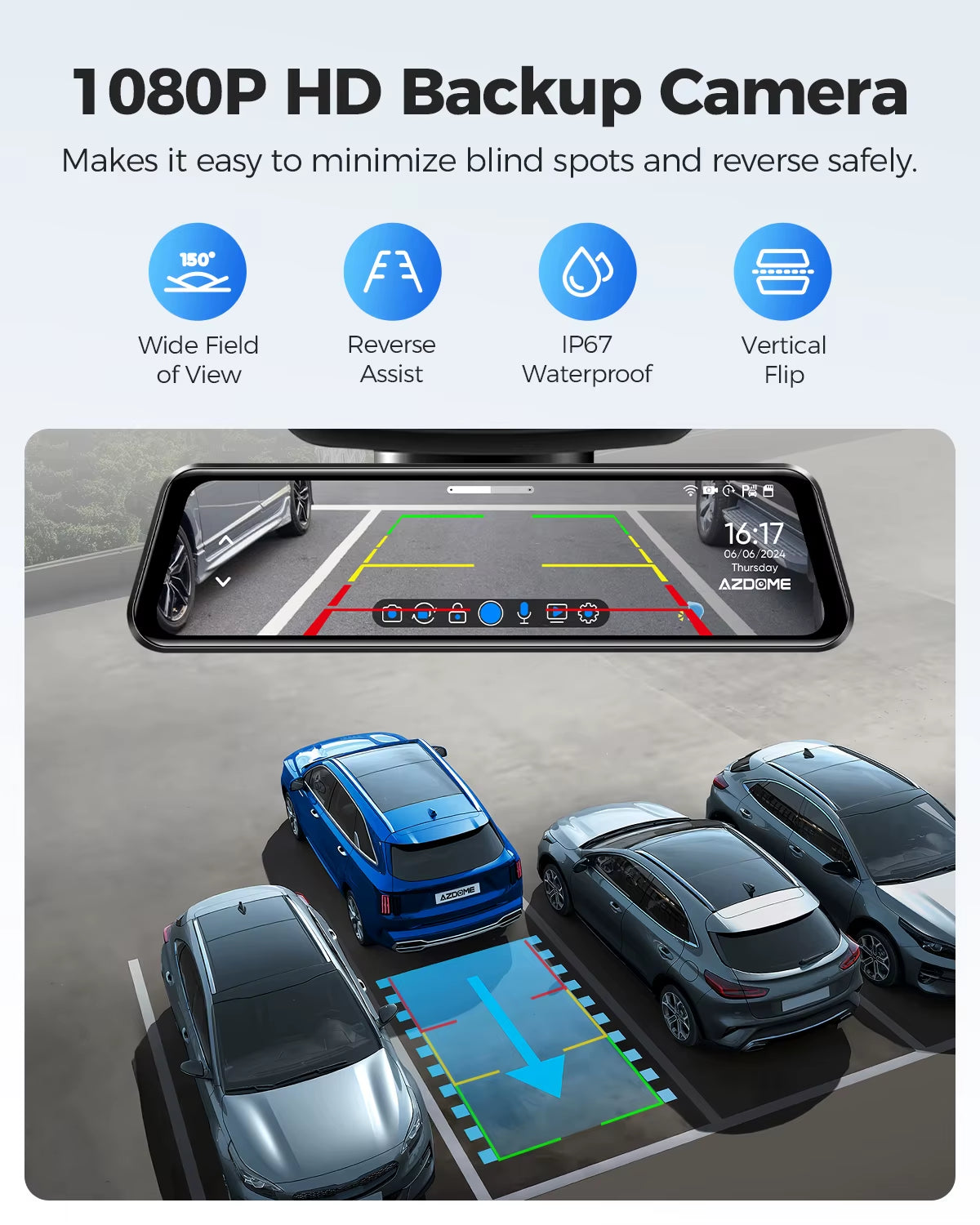 PG17 12" 4K Mirror Dash Cam with GPS & Wi-Fi