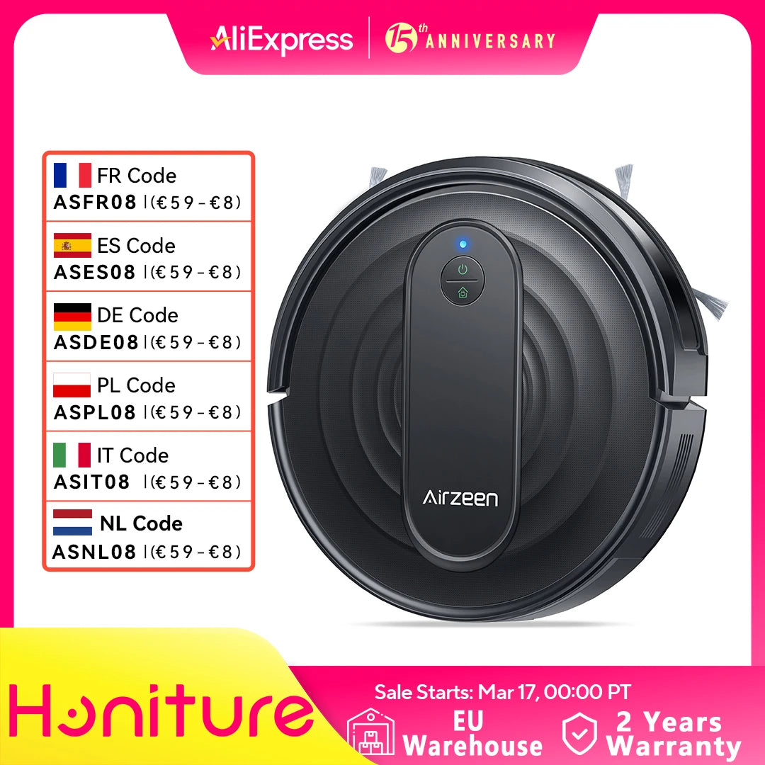 Airzeen Robot Vacuum & Mop Combo – 3000Pa Strong Suction, App Control, Self-Charging