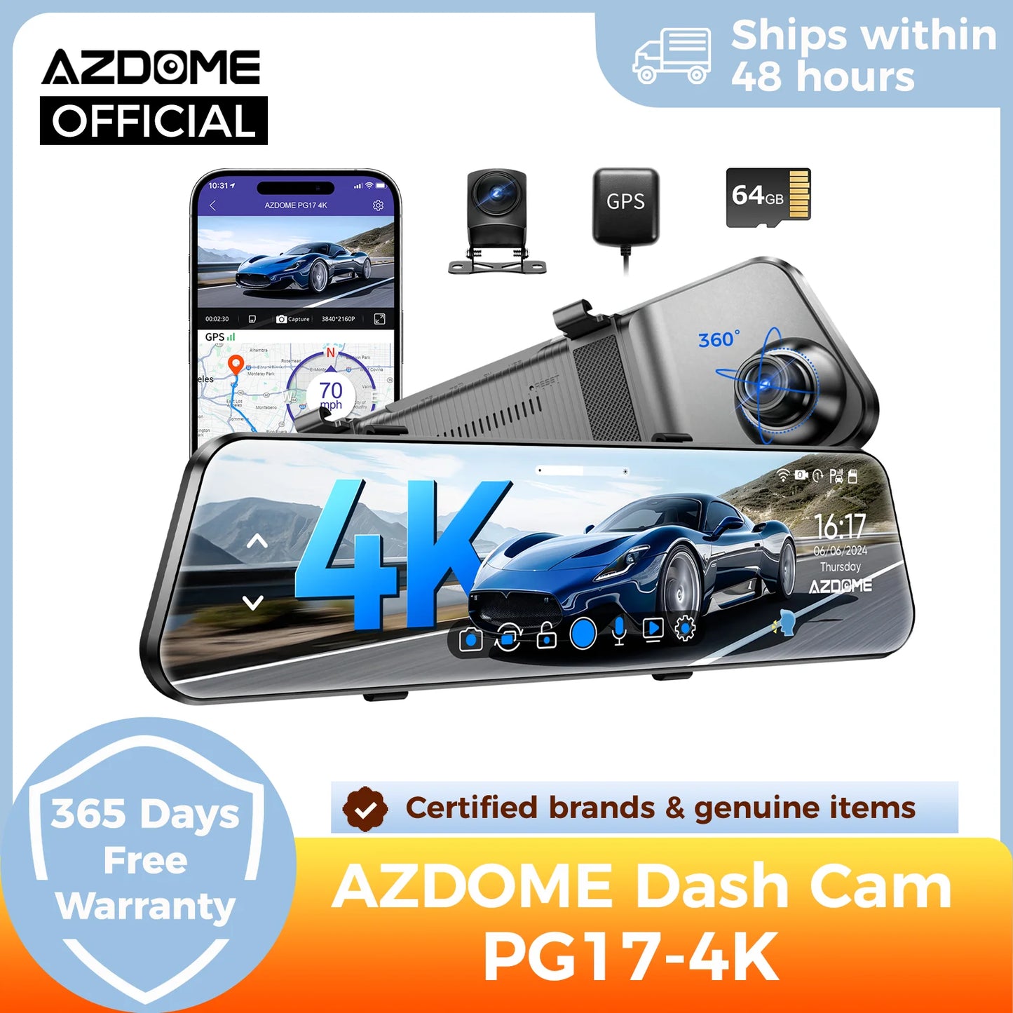 PG17 12" 4K Mirror Dash Cam with GPS & Wi-Fi