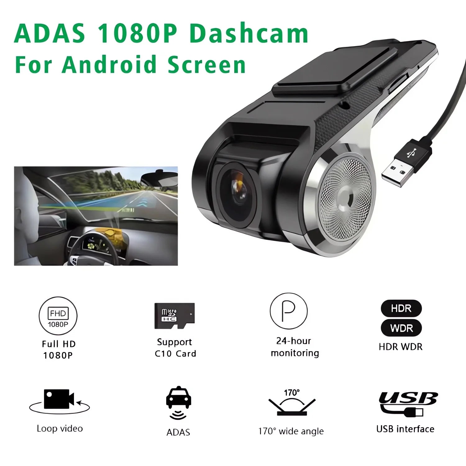 USB Car DVR Dash Cam with ADAS – HD Driving Recorder for Android Media Navigators