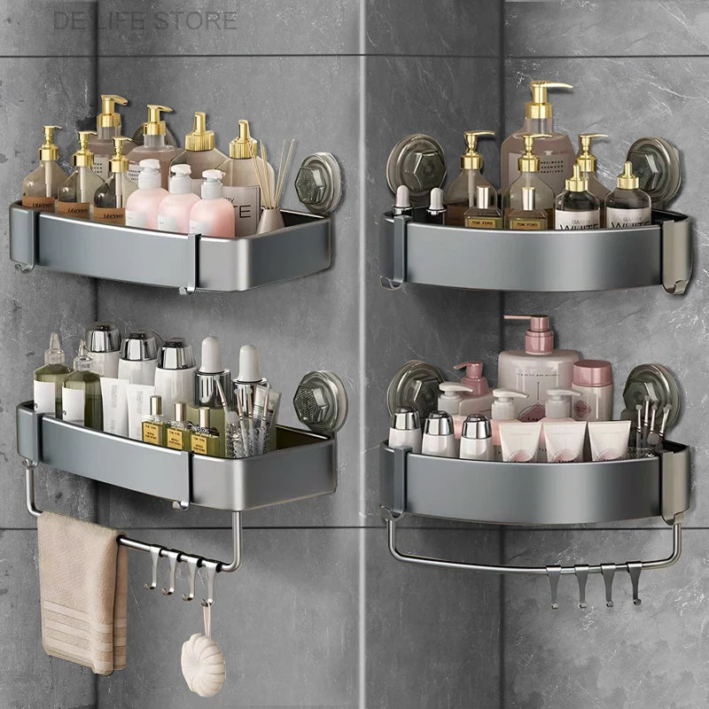 Shower Suction Cup Shelf Aluminum Bathroom Corner Shelf without Drilling Bathroom Organizer Toilet Rack Bathroom Accessories