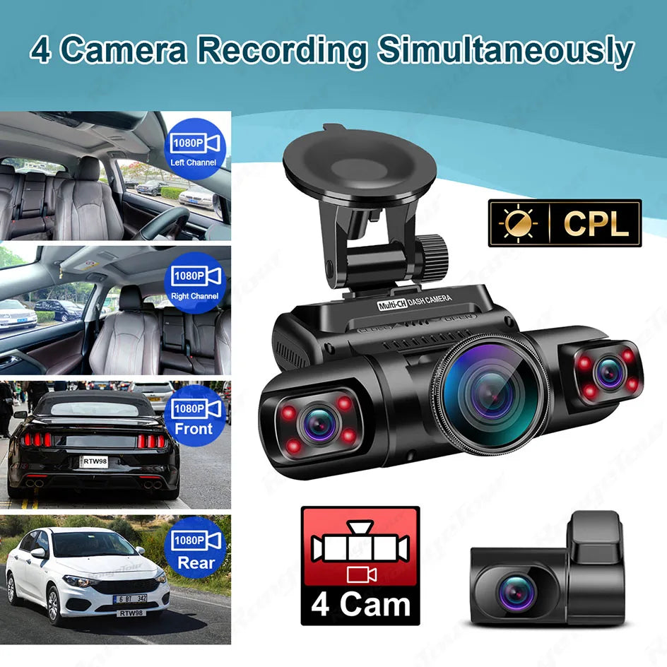 4 Channel 1080P+1080P+1080P+1080P Wifi GPS Car DVR Dual Lens 8 Infrared Light Night Vision 3 Lens 170 Degree Dash Cam Car Camera