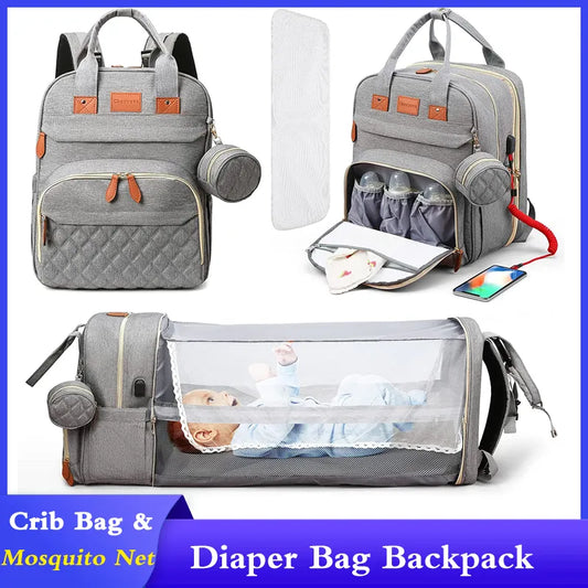 “Mom Hack in a Backpack” – 3-in-1 Diaper Bag with Foldable Baby Bed, USB Charging & Waterproof Design – Travel-Ready Changing Station