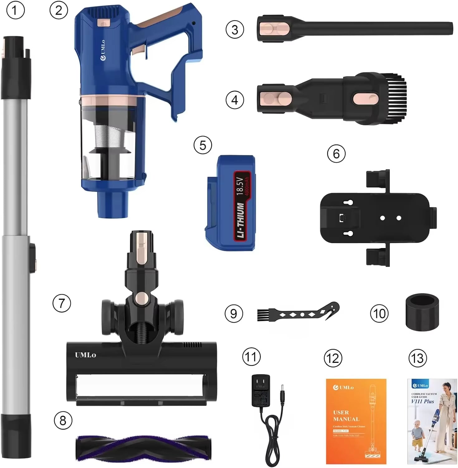UMLO V11 Cordless Vacuum Cleaner, 30Kpa Cordless Vacuum Cleaner 300W, Lightweight Vacuum Cleaner, 60 Minutes 4000Mah Battery