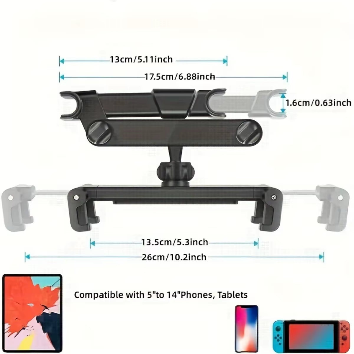 Car Tablet Holder – Adjustable Headrest Mount for 4.7"–12.9" Devices (iPad, Tablets, Phones)