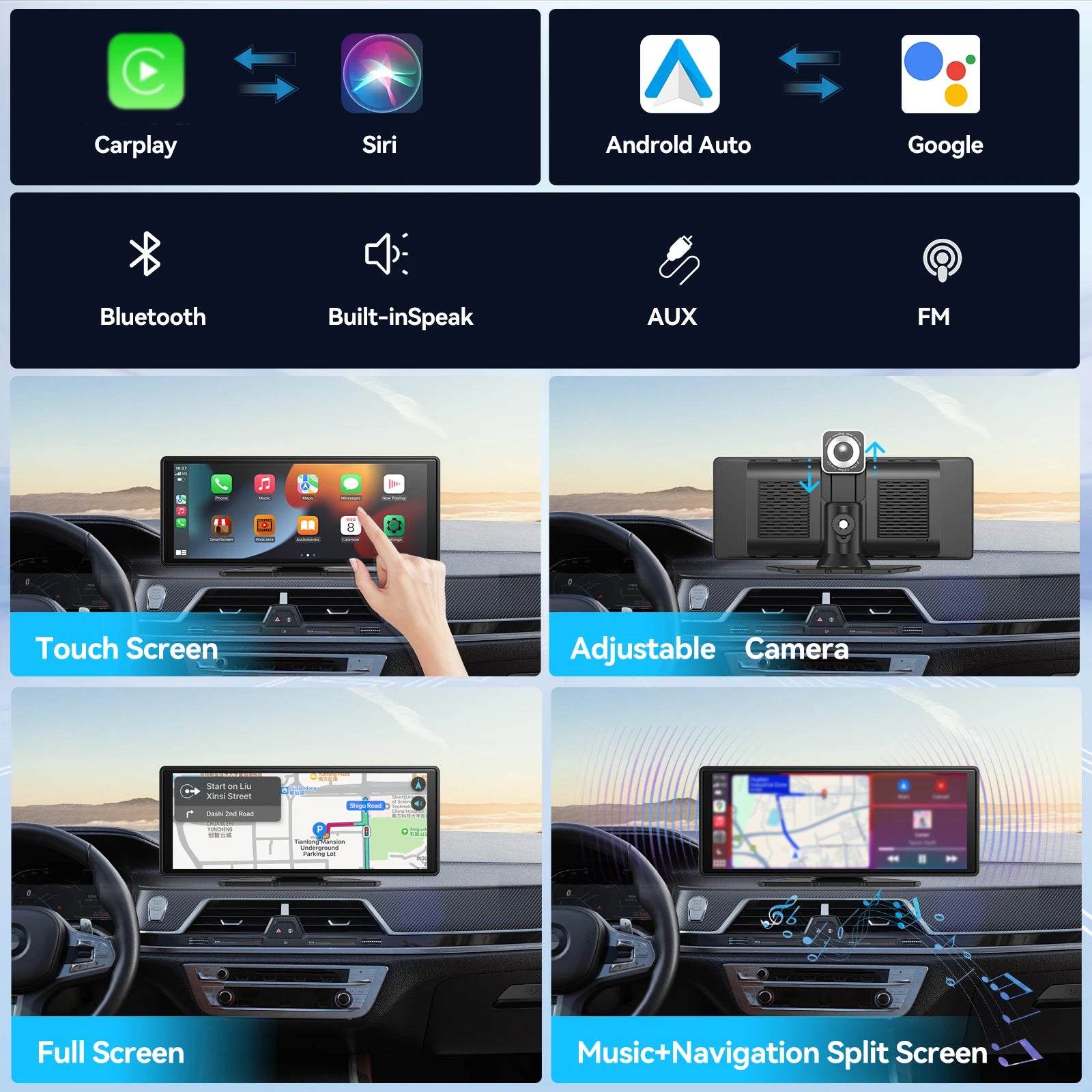 Universal Portable CarPlay & Android Auto Screen – Wireless Car Stereo