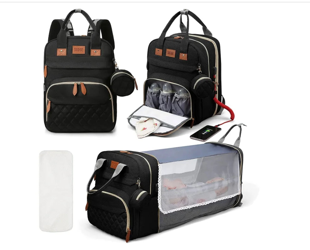 “Mom Hack in a Backpack” – 3-in-1 Diaper Bag with Foldable Baby Bed, USB Charging & Waterproof Design – Travel-Ready Changing Station