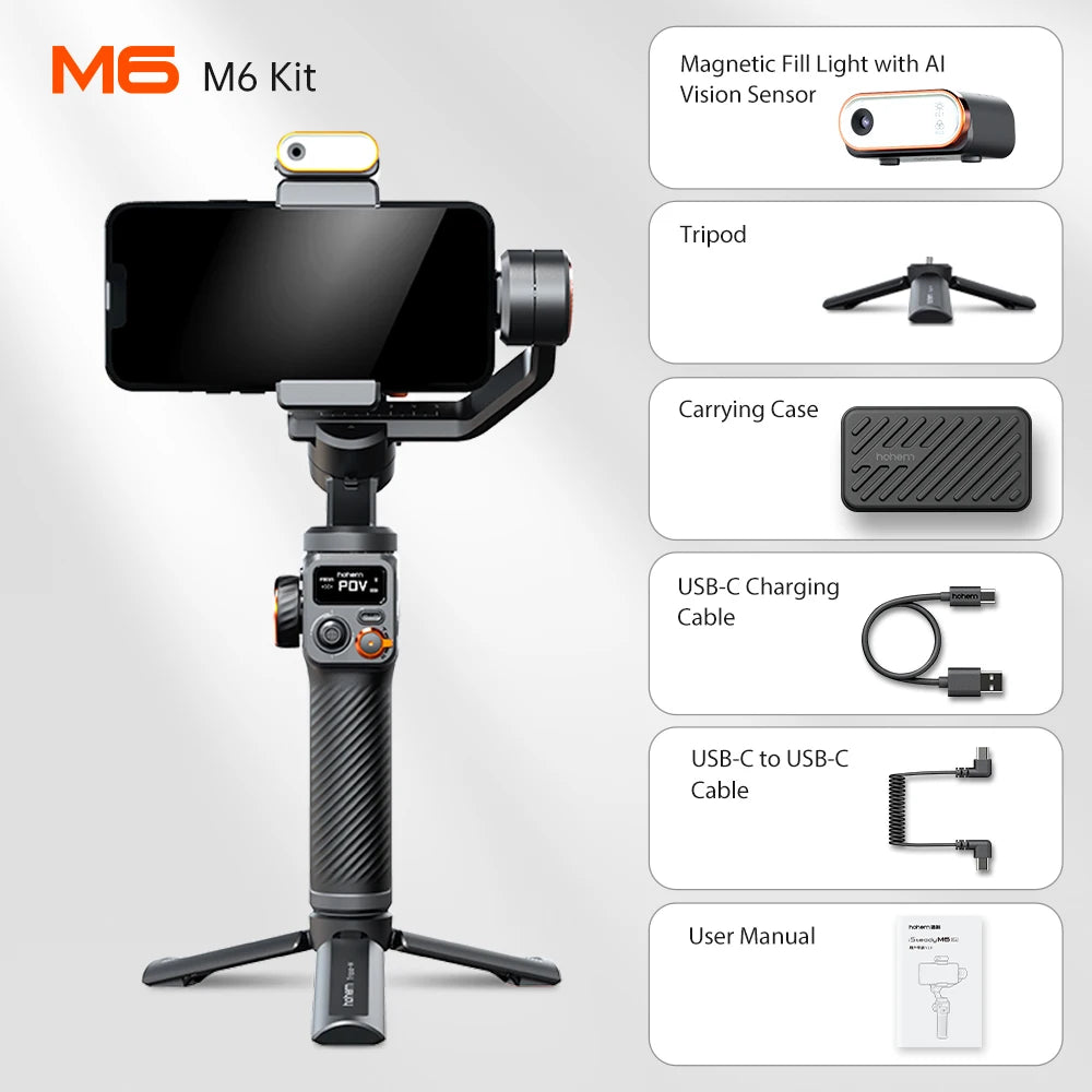 Hohem iSteady M6 3-Axis Gimbal Stabilizer – Foldable Selfie Stick with Magnetic Fill Light