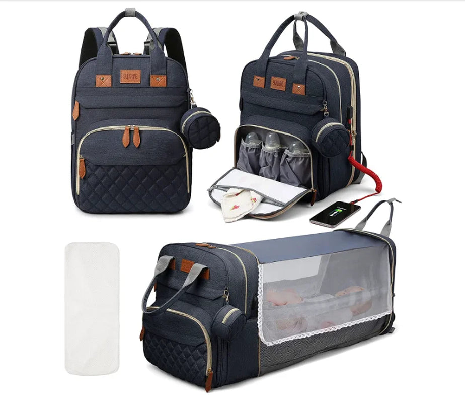 “Mom Hack in a Backpack” – 3-in-1 Diaper Bag with Foldable Baby Bed, USB Charging & Waterproof Design – Travel-Ready Changing Station