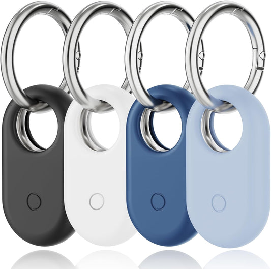 [4 Pack] Silicone Protective Cases with Keychains for Samsung SmartTag 2 – Shockproof & Anti-Scratch Holder for Galaxy SmartTag – Ideal for Keys, Pets, Luggage, Backpacks – Black/White/Light Blue/Dark Blue