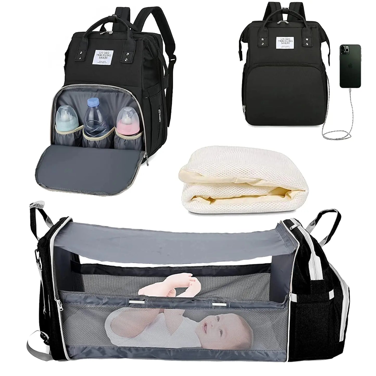 “Mom Hack in a Backpack” – 3-in-1 Diaper Bag with Foldable Baby Bed, USB Charging & Waterproof Design – Travel-Ready Changing Station