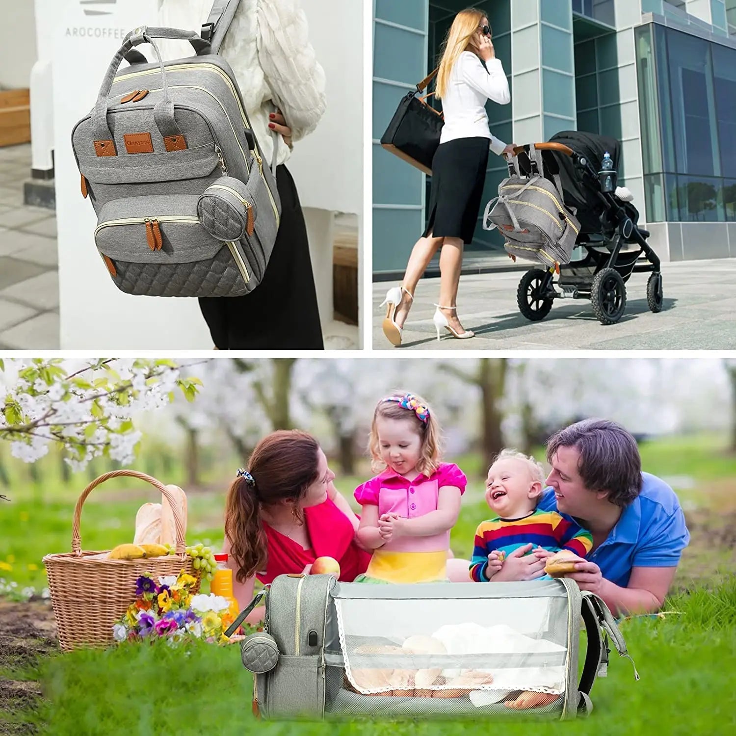 “Mom Hack in a Backpack” – 3-in-1 Diaper Bag with Foldable Baby Bed, USB Charging & Waterproof Design – Travel-Ready Changing Station