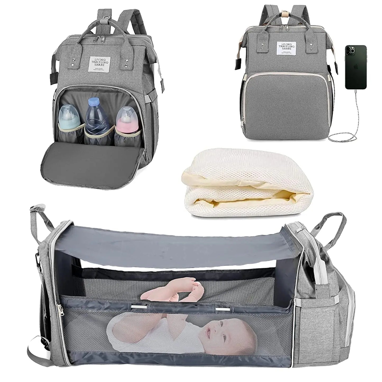 “Mom Hack in a Backpack” – 3-in-1 Diaper Bag with Foldable Baby Bed, USB Charging & Waterproof Design – Travel-Ready Changing Station