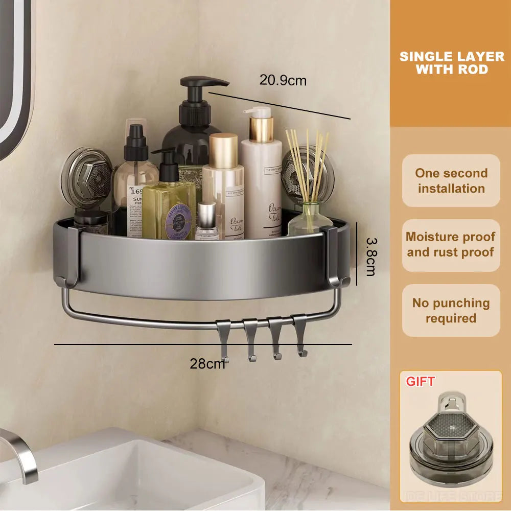 Shower Suction Cup Shelf Aluminum Bathroom Corner Shelf without Drilling Bathroom Organizer Toilet Rack Bathroom Accessories