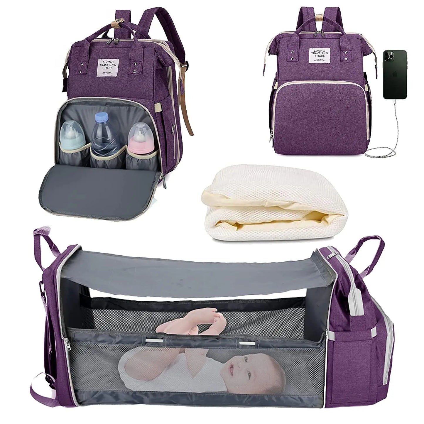 “Mom Hack in a Backpack” – 3-in-1 Diaper Bag with Foldable Baby Bed, USB Charging & Waterproof Design – Travel-Ready Changing Station