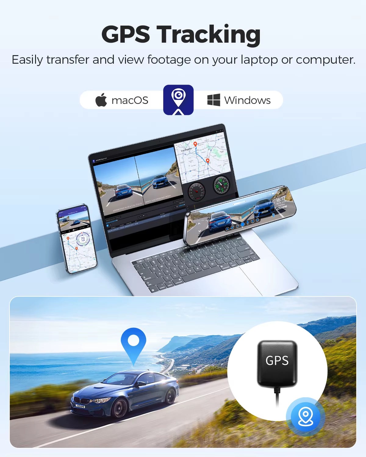 PG17 12" 4K Mirror Dash Cam with GPS & Wi-Fi