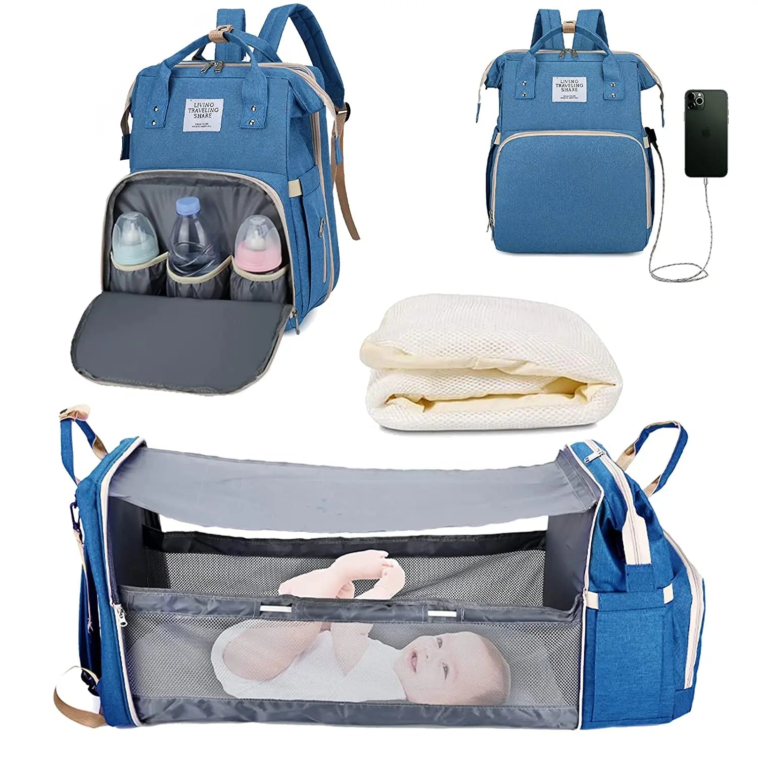 “Mom Hack in a Backpack” – 3-in-1 Diaper Bag with Foldable Baby Bed, USB Charging & Waterproof Design – Travel-Ready Changing Station